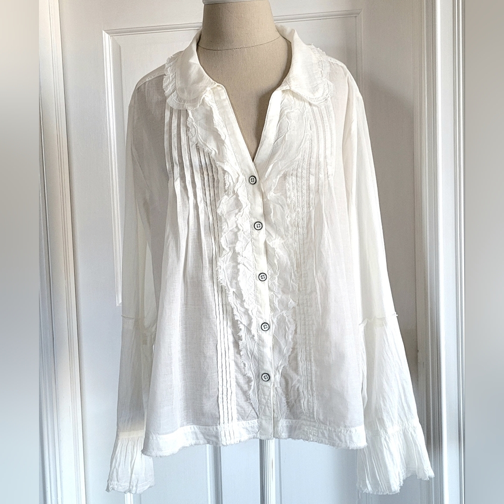 Free People White Ruffled Button-Front Blouse